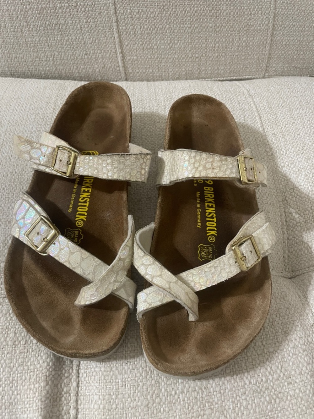 Birkenstock  Iridescent White Strappy Sandals